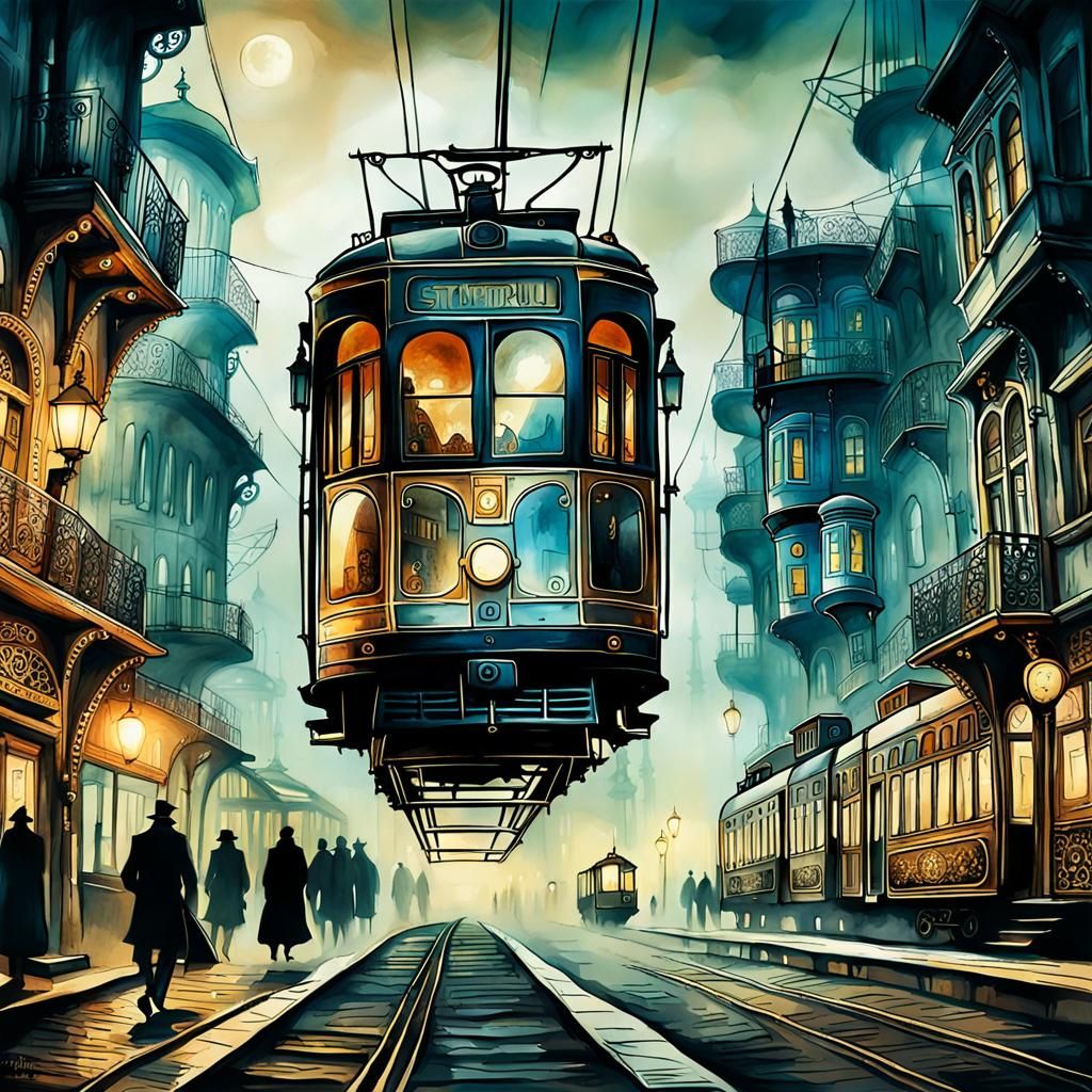 magically upside down tram on the street