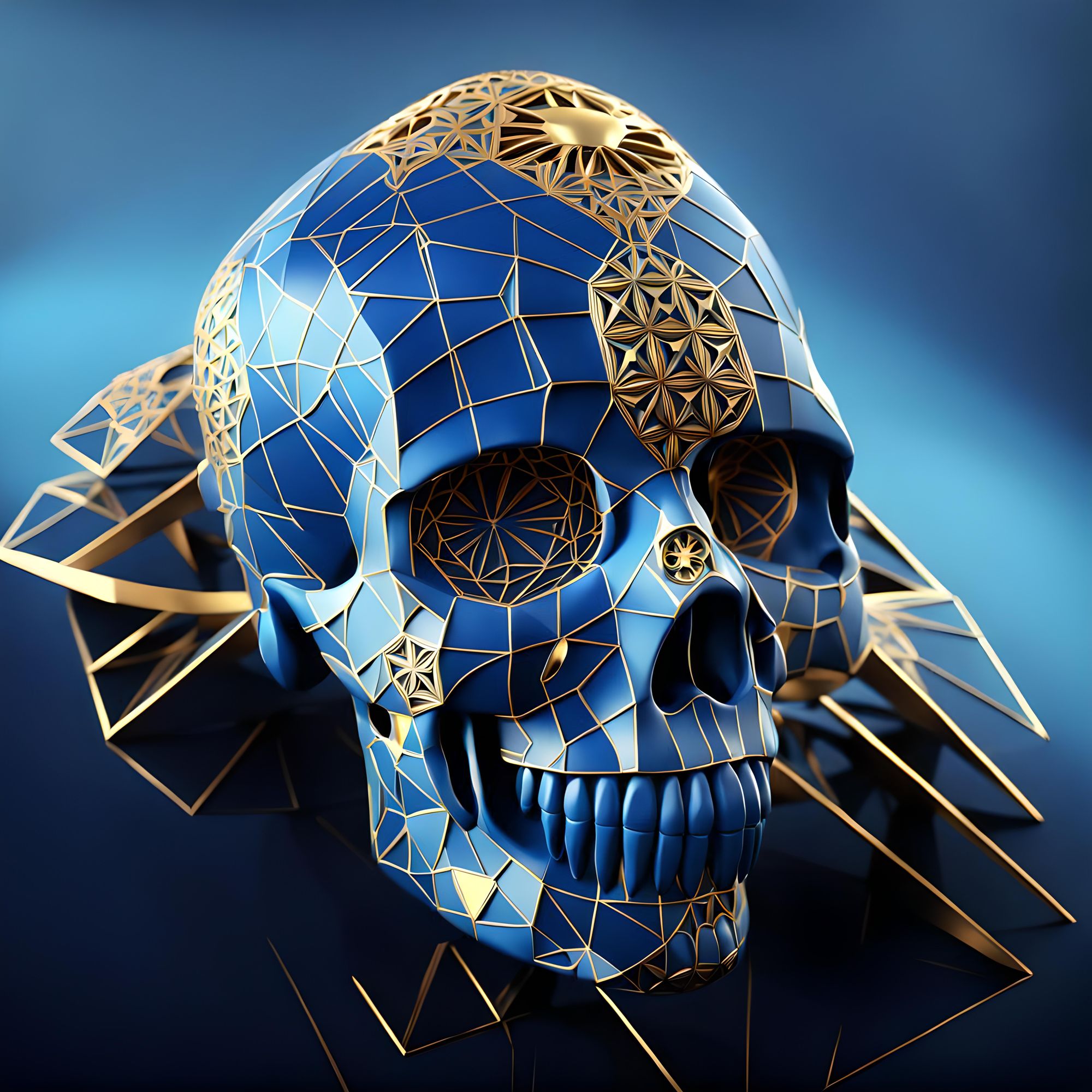 A vivid, psychedelic skull with a large eye, surrounded by colorful, intricate, organic patterns and shapes adorned with intricate blue and...