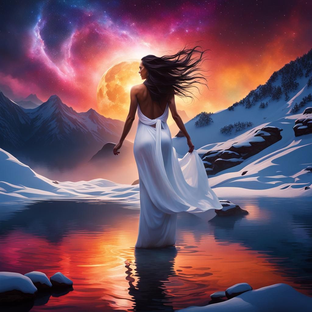 Athletic Woman Silhouette in Snowy Hot Spring