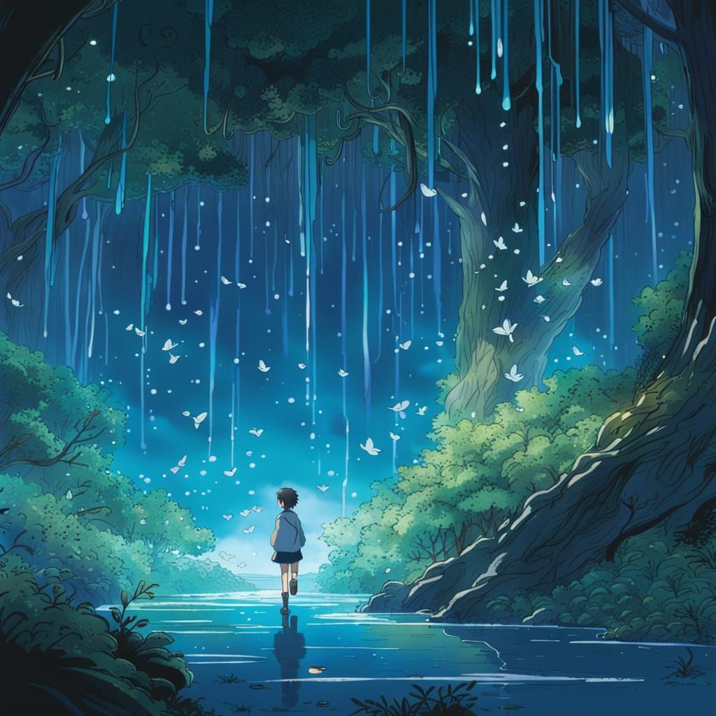a wandering traveller in a dark yet magical forest with wate...