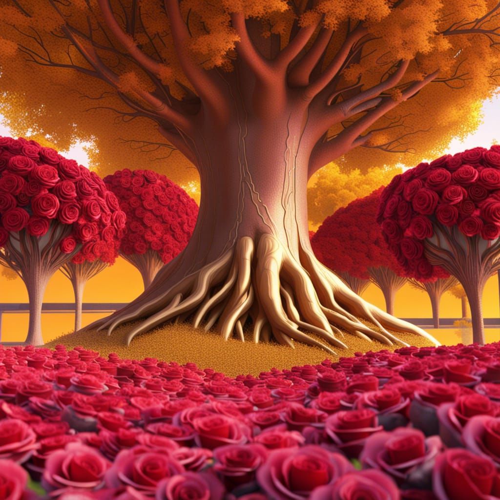 The image of golden roots coming out of the ground with Roses instead of trees 