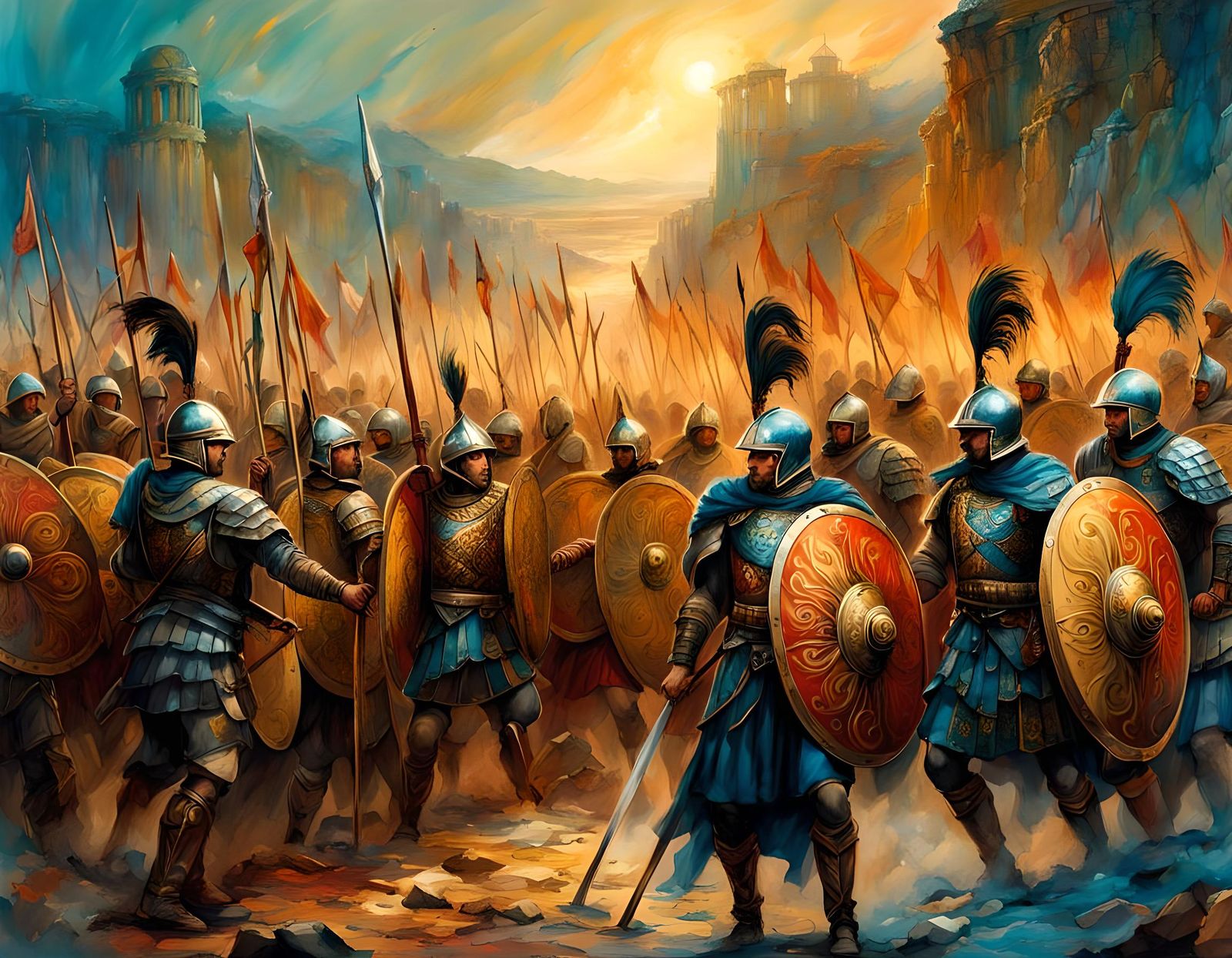 Battle in ancient Greece. Soldiers forming a phalanx with their richly ...