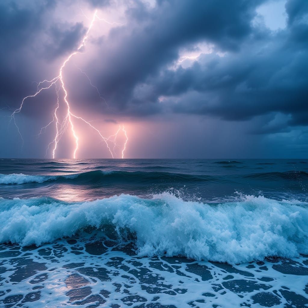 lightning and thunder over the ocean, ocean wave