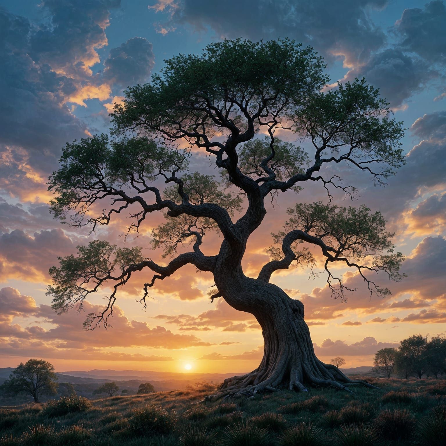 Ancient Tree at Dreamlike Sunset, Surrealist Style