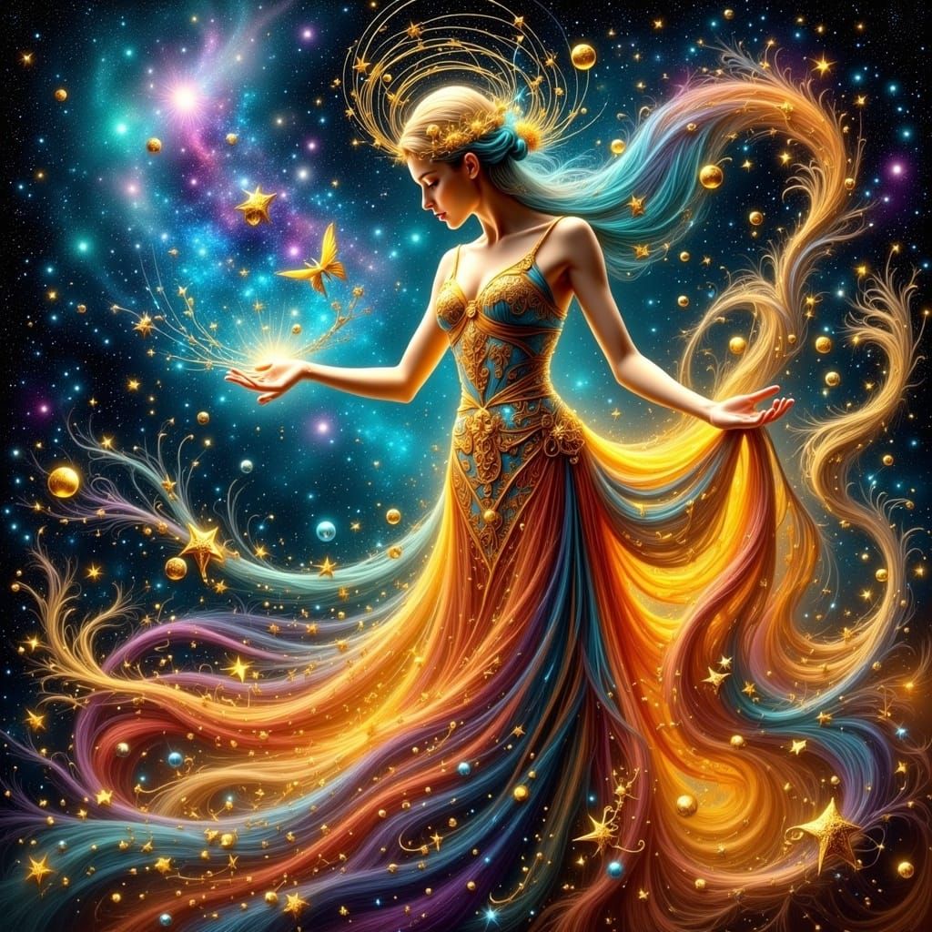 <lora:Flux Hyperreal:1.0> Вселенная в образе прекрасной женщины создает волшебную ткань нашего бытия 