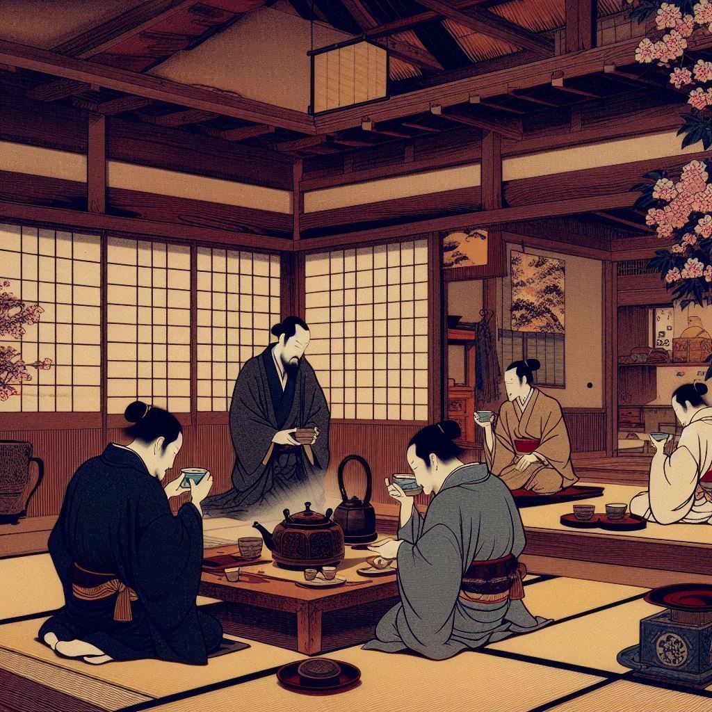 Japanese style tea drinking and typical drawing style Yamato...