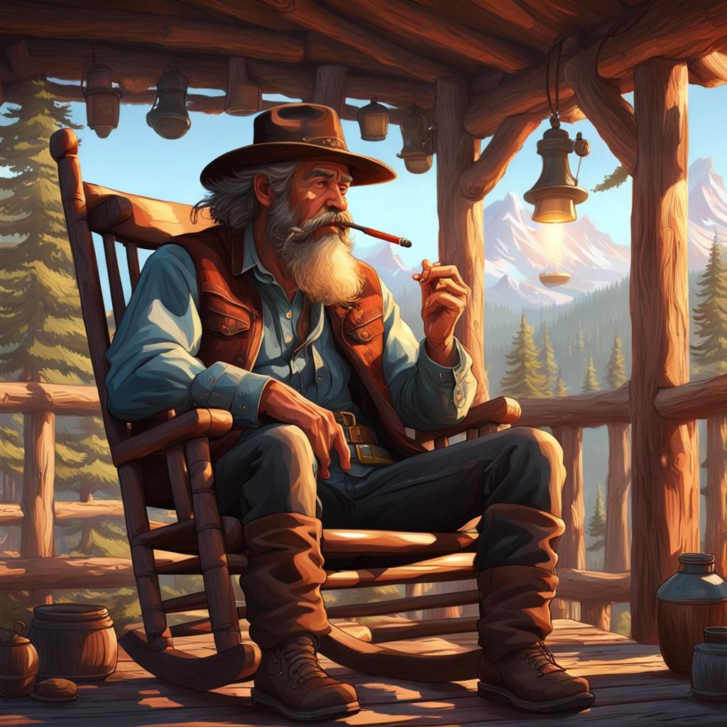 a  mountain man smoking a pipe setting in rocking chair on t...