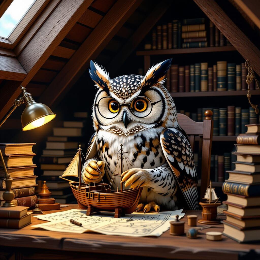 A wise old owl making a wooden ship 