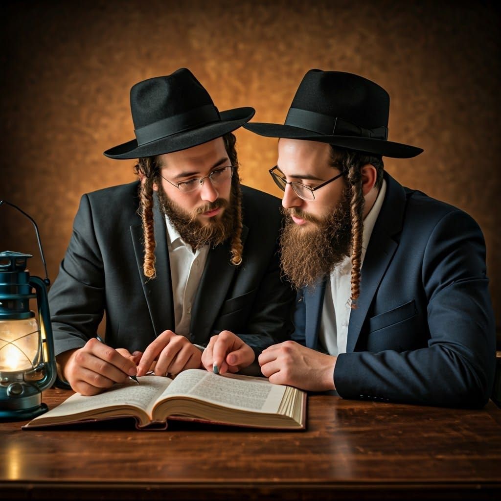Orthodox Students Engrossed in Talmudic Study in a Warm Beit...