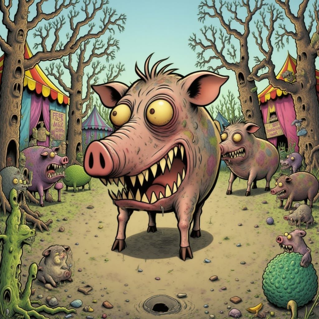 <lora:Barmy Barnyard:1.0> <lora:Mucksnuffler:1.0> mucksnuffler running in a piggy race against other piggys with his friends pinkie and broc...