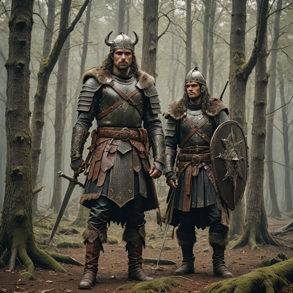 Two Visigoth warriors, muscular and adorned in traditional l...