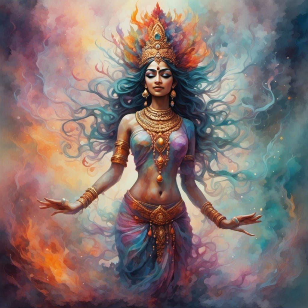 Hindu goddess <lora:Smokey watercolor:1.0>