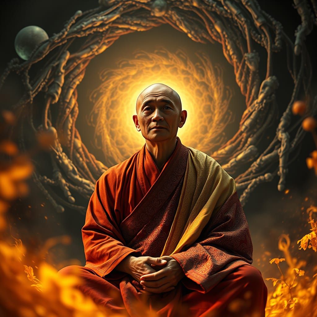 Mystical Monk Contemplates the Cycle of Existence in a Whirl...