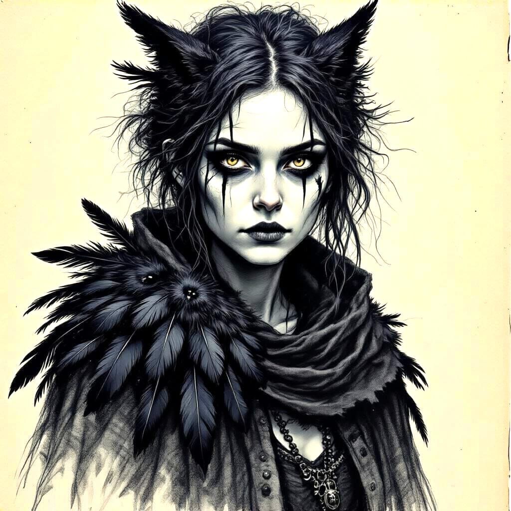 highly detailed sketch portrait of a forest witch with sharp features, messy hair, crow feathers in her cloak, drawn in graphite and black i...