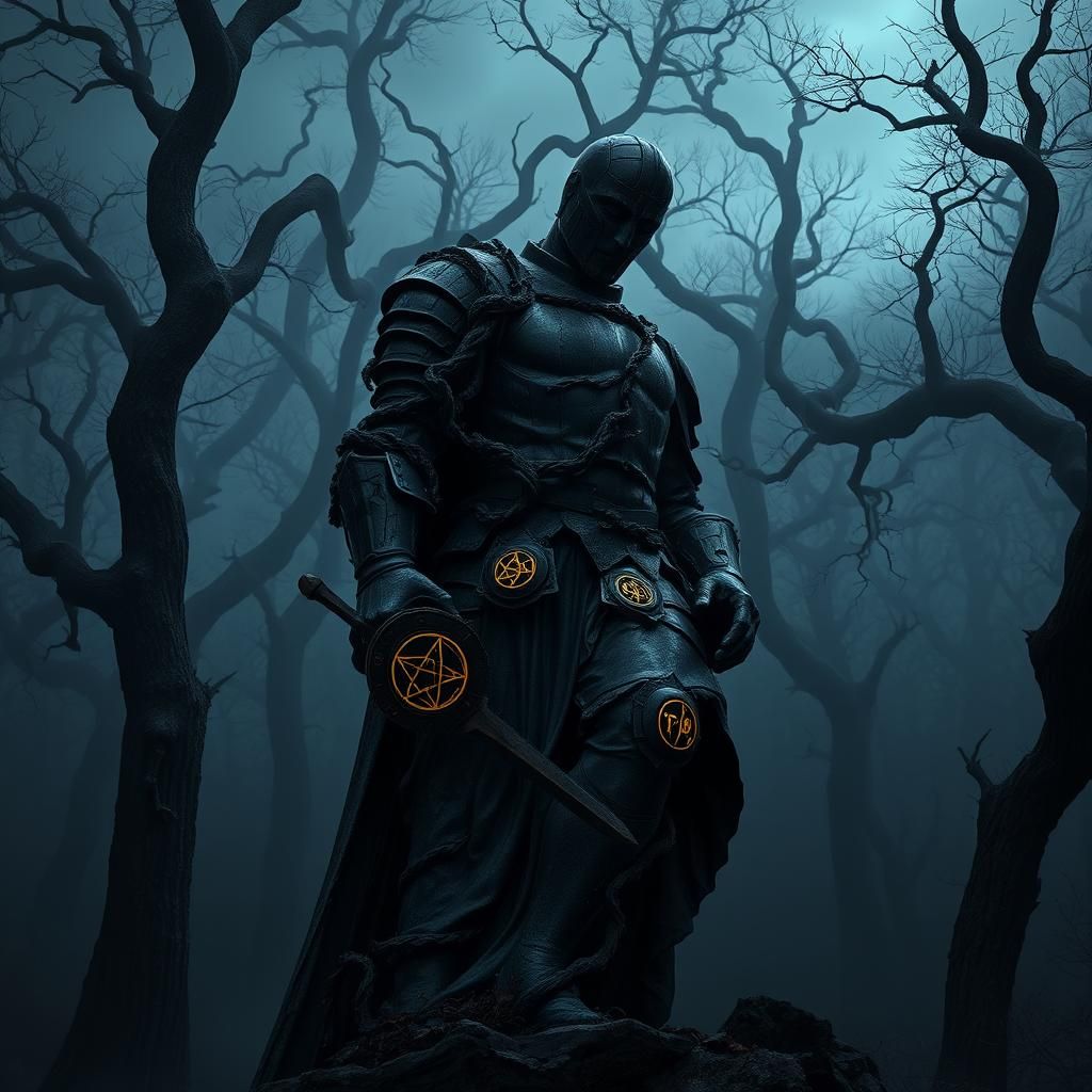 Cursed Forest: Bronze Knight Statue in Dark Fantasy Style