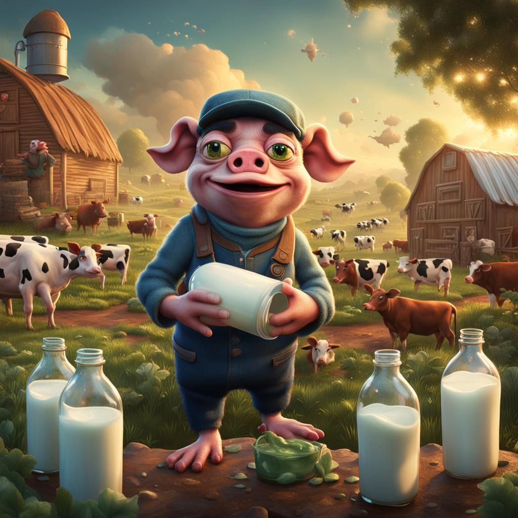 Human Pepe the frog pig on a farm holding spilling bottles o...