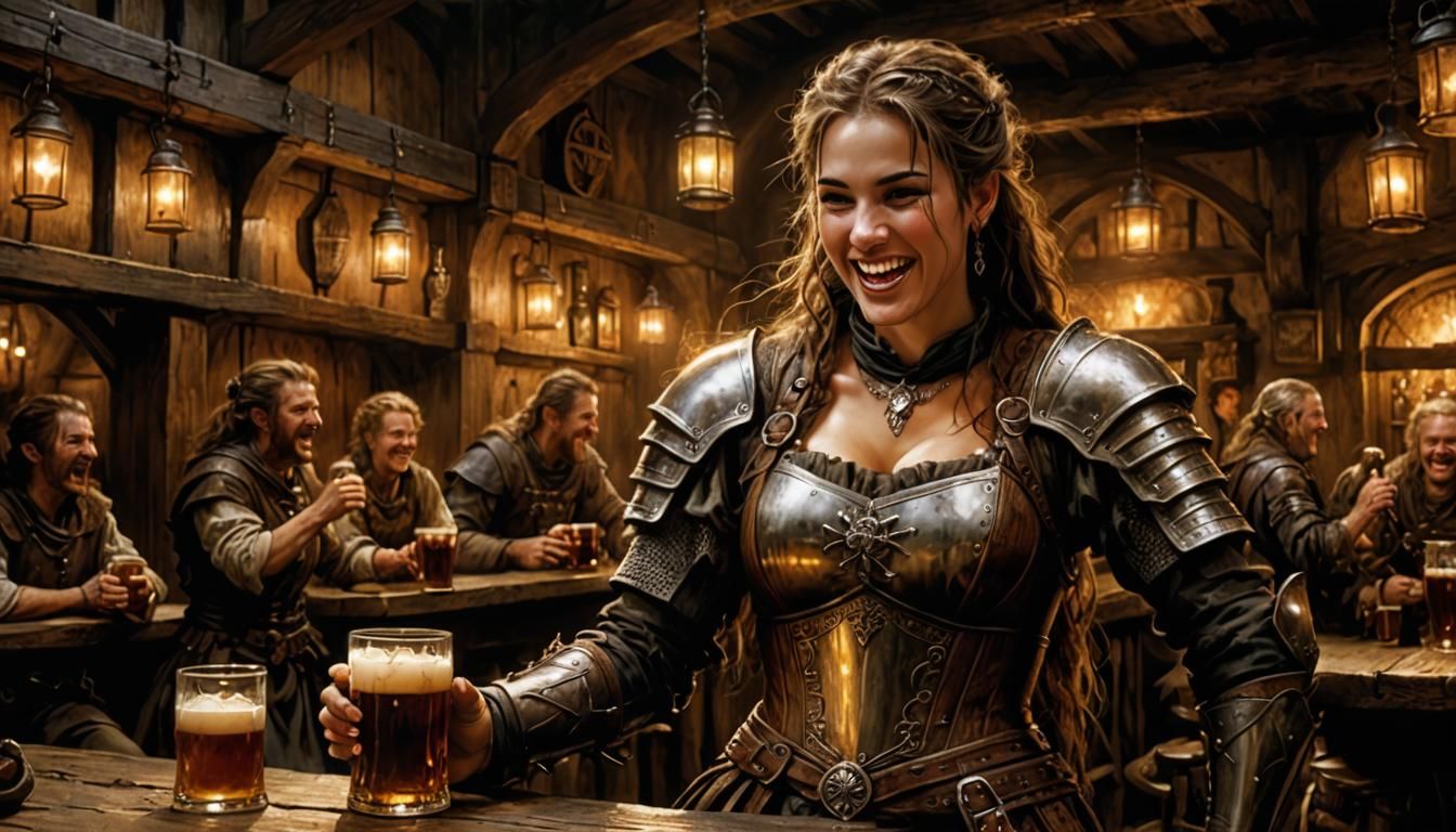 female hero warrior laughing at medieval pub drinking ale from wooden tankards 