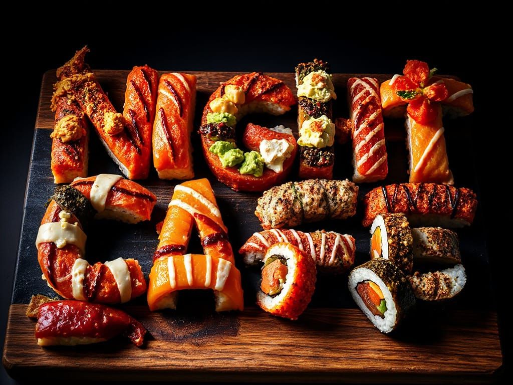 Stylized food photography featuring a colorful sushi spread arranged to spell "Night Cafe" like a piece ...  by @Kosh