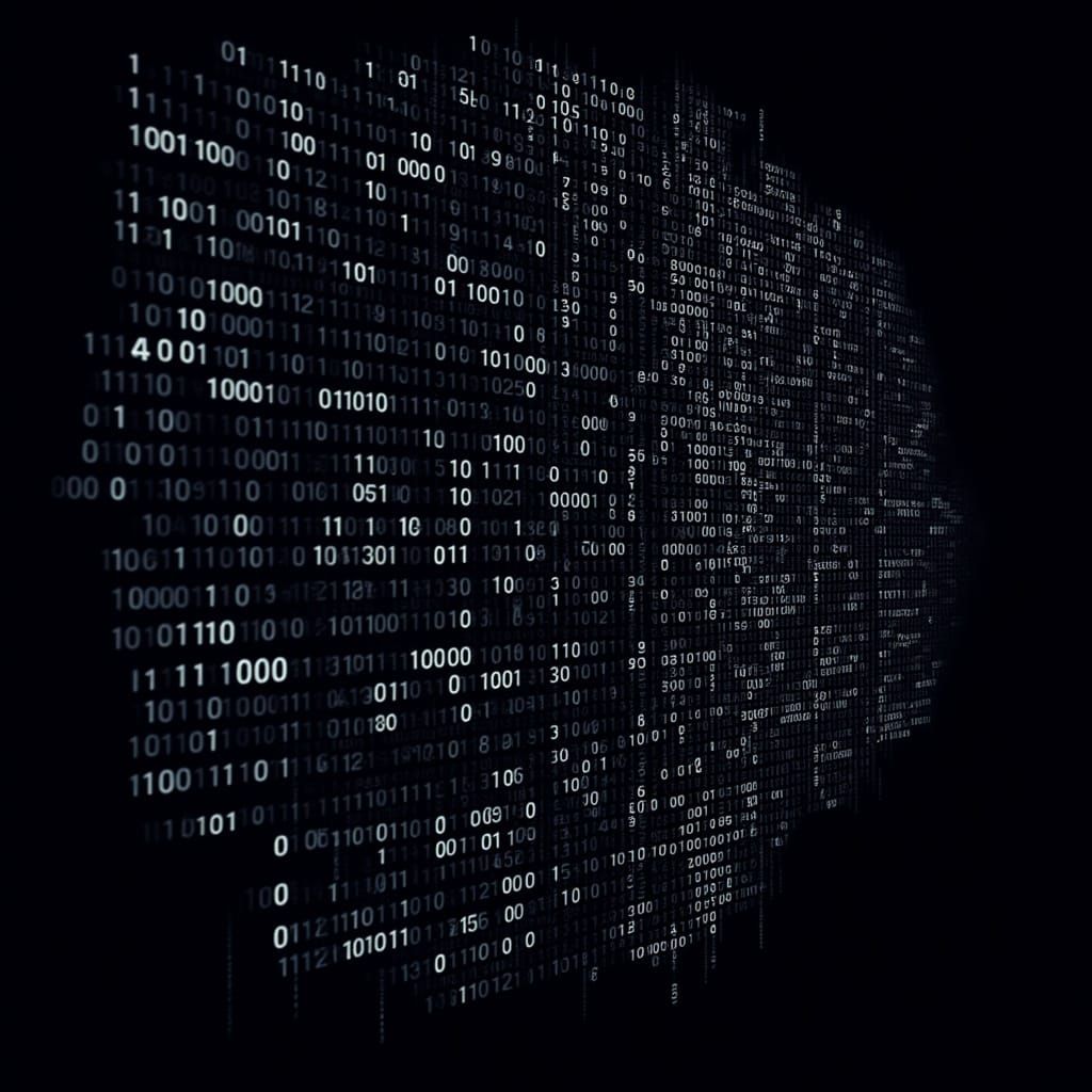 <lora:Binary Code Flux:1.0> futuristic digital art, composed entirely of binary code, 1s and zeros, binary code art