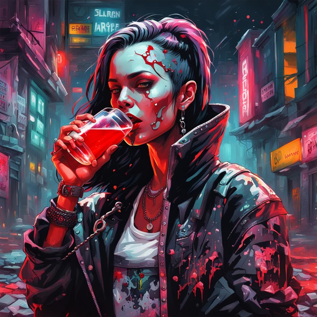 female vampire drinking fresh blood cyberpunk random outfit,...