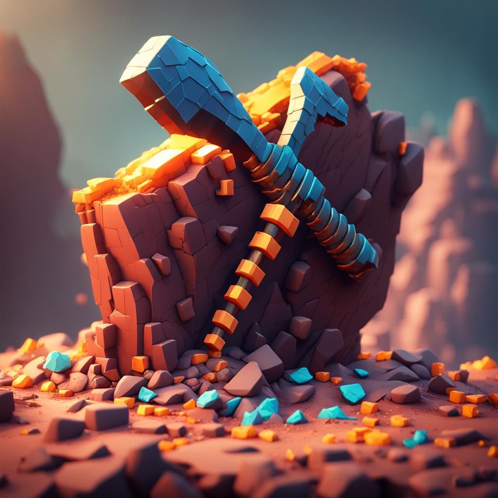 A voxel pickaxe bitten into a voxel rock