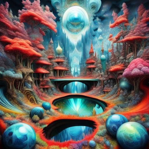 Digital Photo-illustration :: Fantasy fractal forest :: otherworldly,  3d, hyperrealistic, 
hyperdetailed, sharp :: stunning, iridescent,  b...