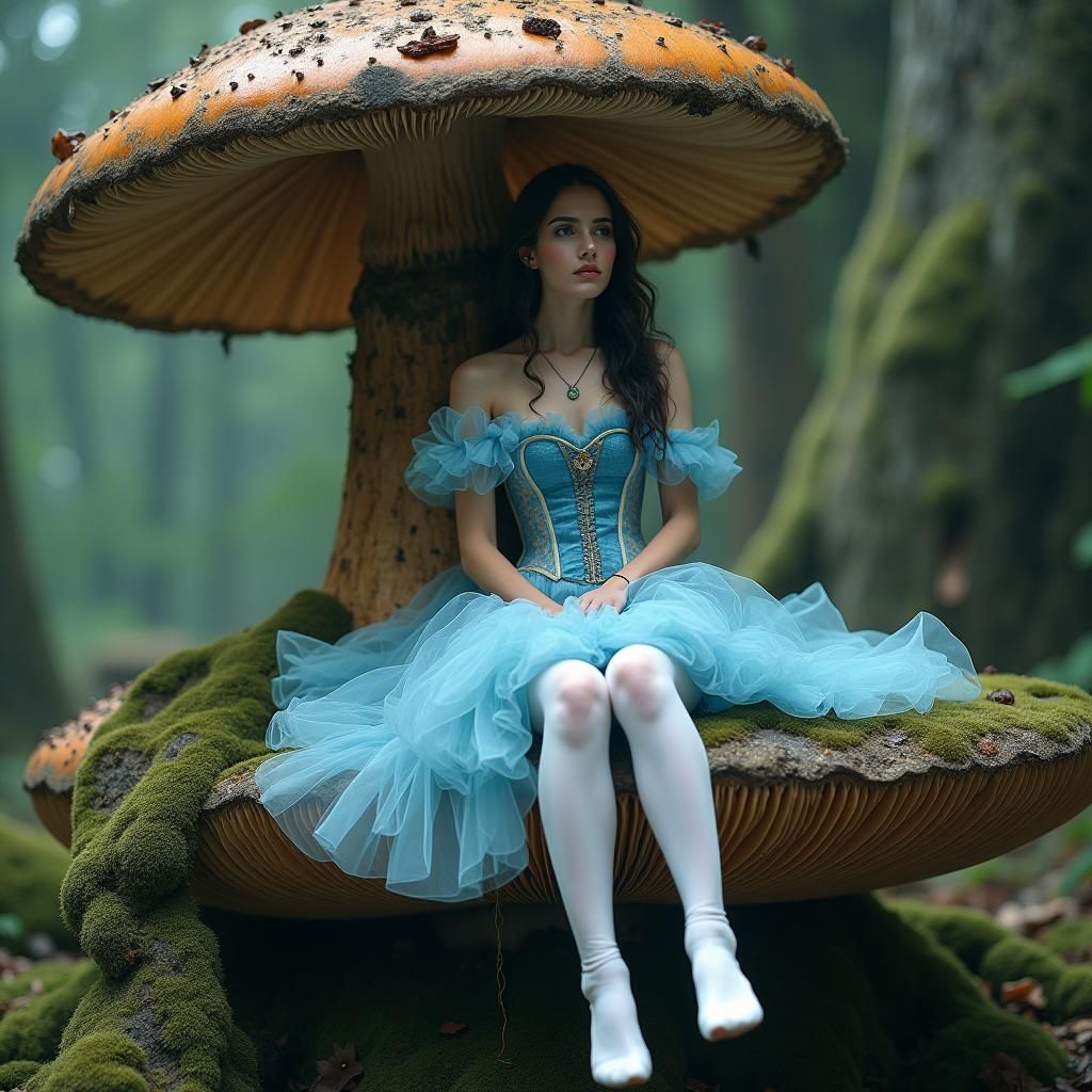 Photograph of a beautiful young dark haired white woman wearing an Alice in Wonderland-style dress and white opaque pantyhose sitting on top...