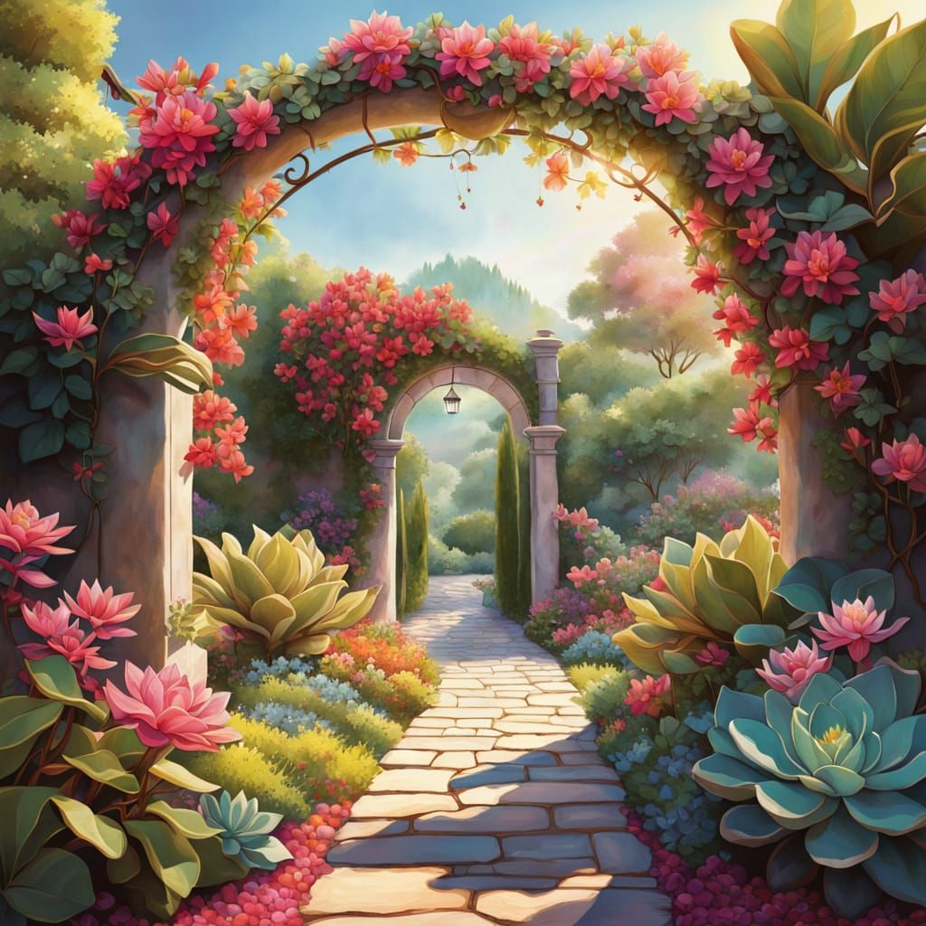 Whimsical Garden Scene in Vibrant Botanical Illustration Sty...