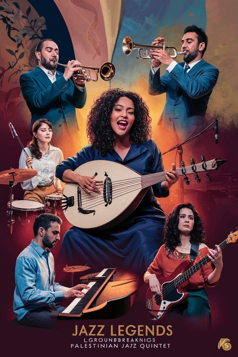 "Jazz Legends" | 🇵🇸 fictional Jazz Sextet (oud, trumpet x2, piano, bass, drums) (Ideogram - Clarity Upscale 50%)