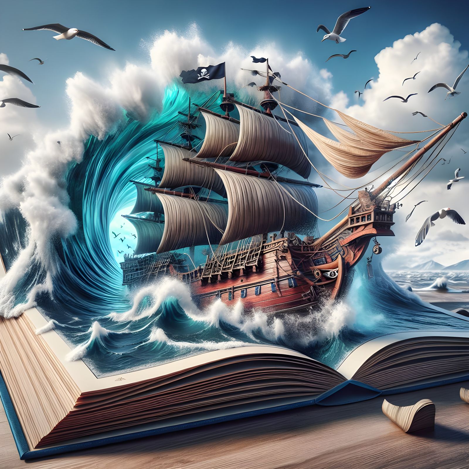 Pirate Ship Sails from Book in Detailed 3D Render