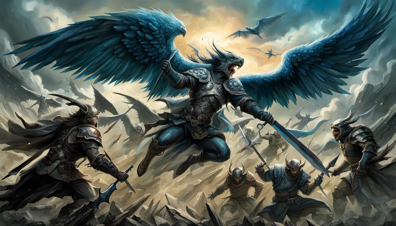 Flying Angel Warriors with two wings fighting flying blue-sk...