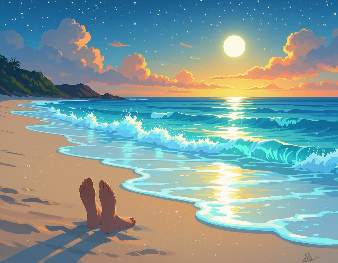 Bare feet in the sand at a beach, glowing bioluminescent waves in a warm summer night