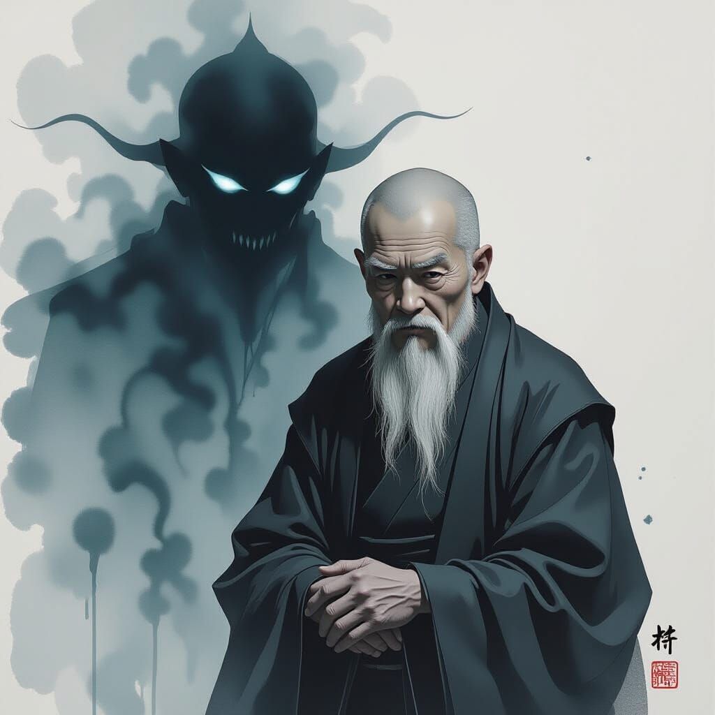 Serene Monk, Ghostly Shadow in Chilling Ink Wash