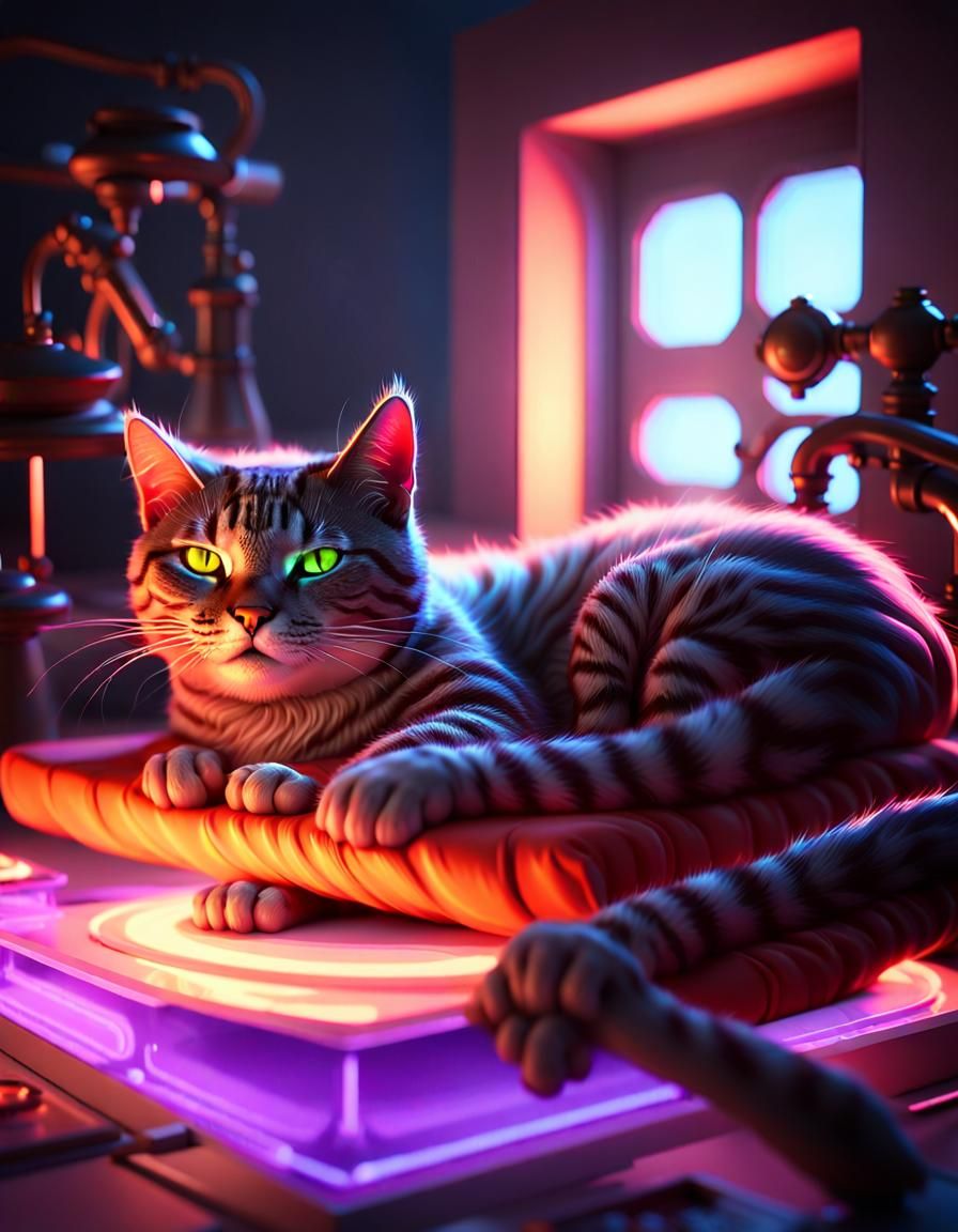Cat, lounging on a soft fluorescent bed with a stove, eyes c...