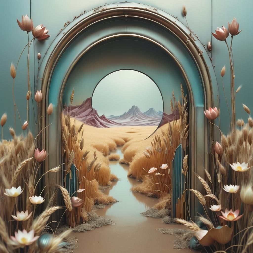 wheat lotus portal, sci-fi fantasy landscape, polychrome metallics, solarized P, Laura Makabresku  by @Solstorm
