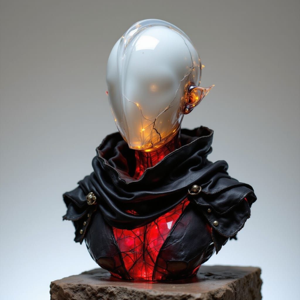 <lora:Bust-ed:1.0>  

Male knight with smooth, faceless glass features beneath a stark white hood, glowing crimson eyes, and razor-thin fiss...