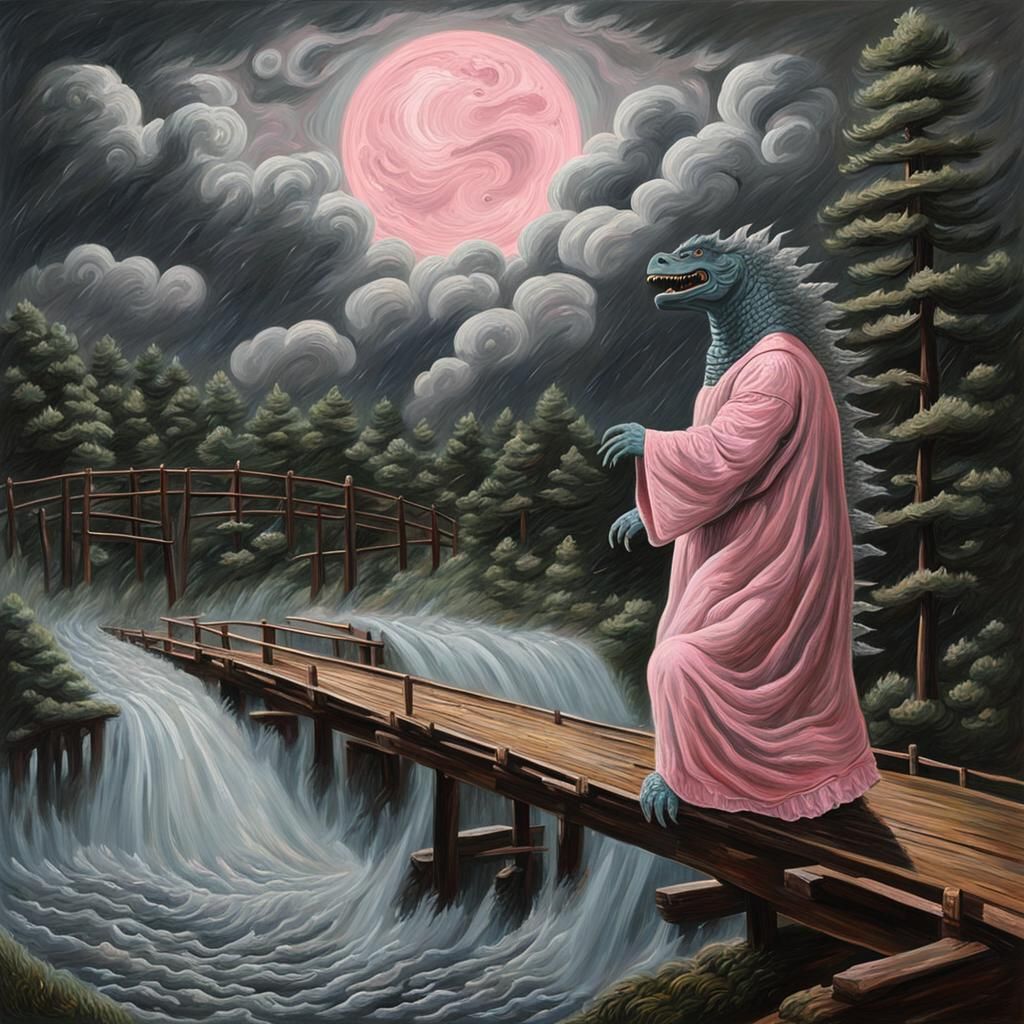 Godzilla, Old woman wearing nightgown, pink nightgown, night...