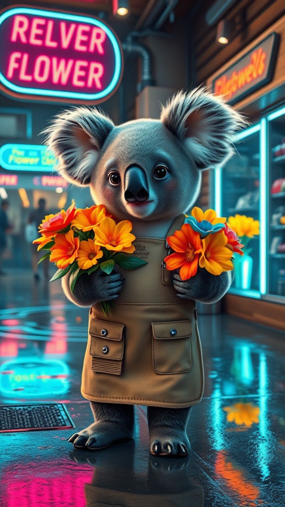 "A cute, anthropomorphic koala standing in a cozy flower sho...