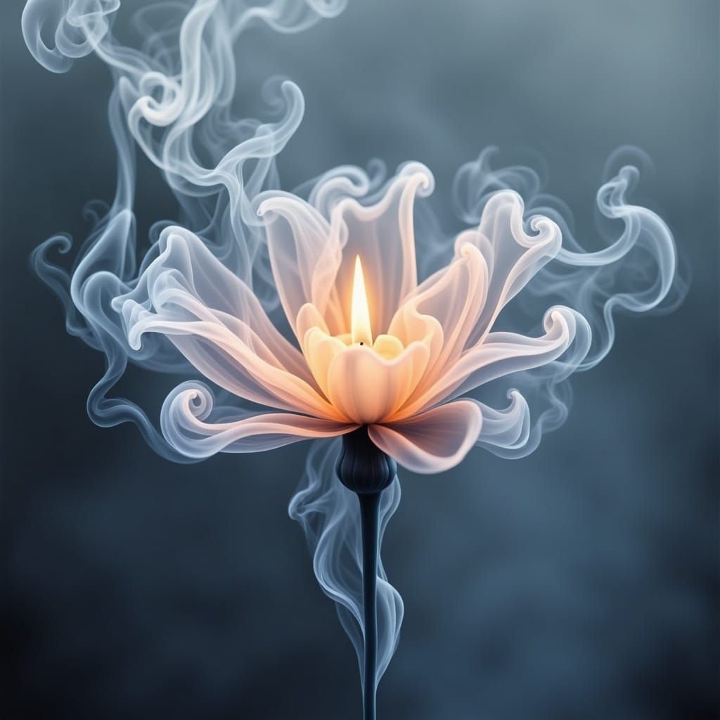 "the smoke above a candle takes on the shape of a smokey sheer wispy flower<lora:Smokey FX:1.0>