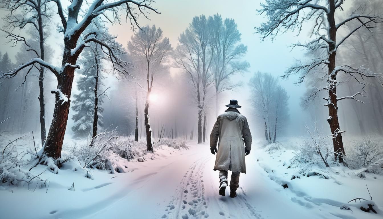 Man Walking Through Blizzard in Winter Landscape