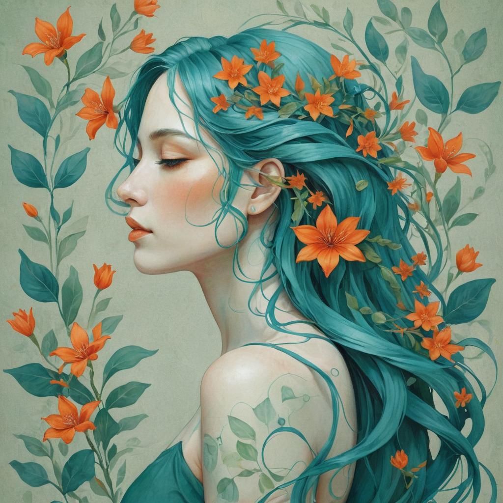 A stylized profile of a woman with flowing teal hair intertw...