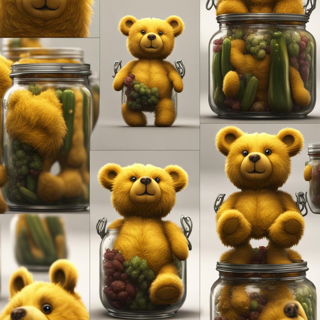YELLOW TEDDY BEAR INSIDE A PICKLE JAR.
