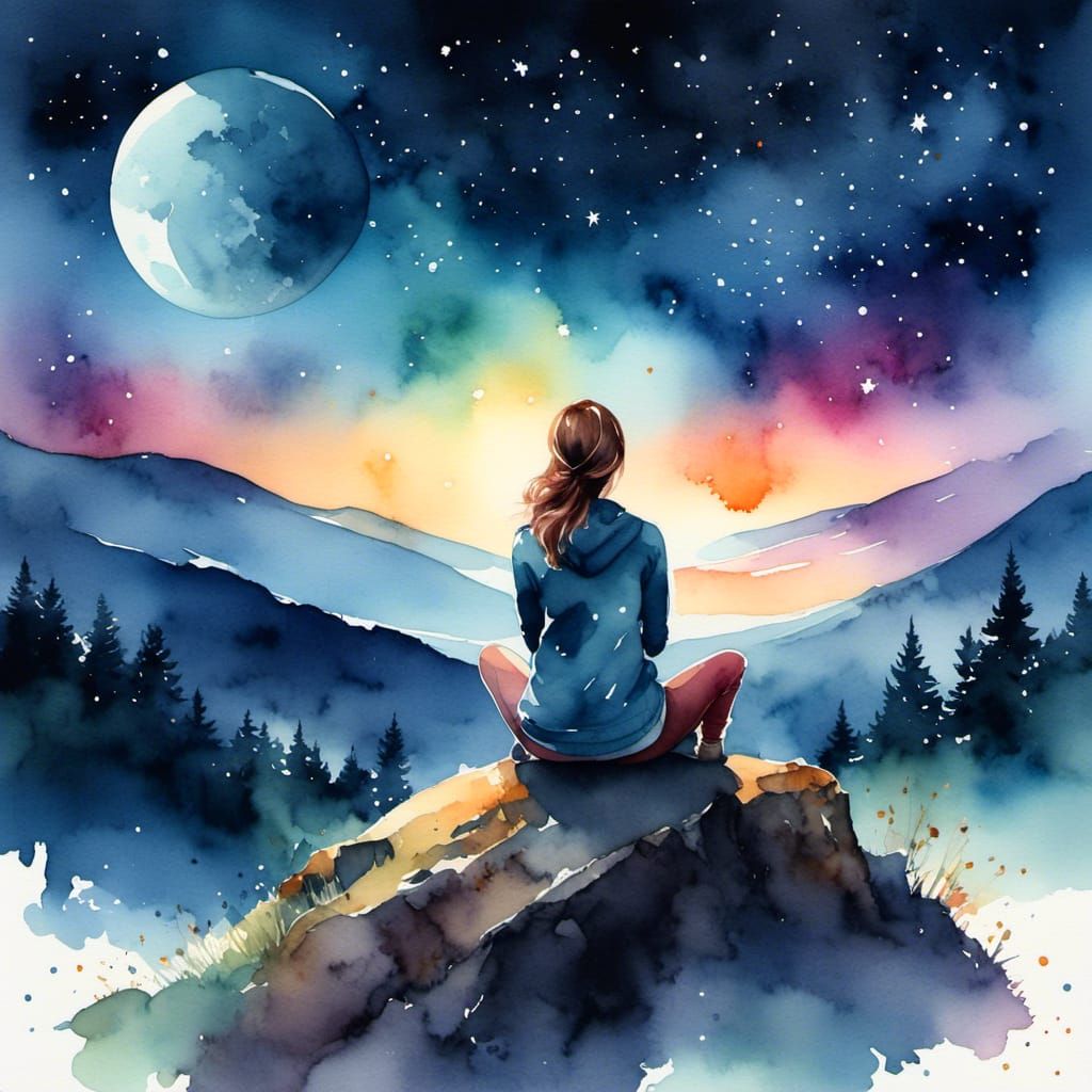 A woman sitting on a hill at night gazing up at the stars, hyper detailed digital watercolor illustration, watercolor painting, digital art,...