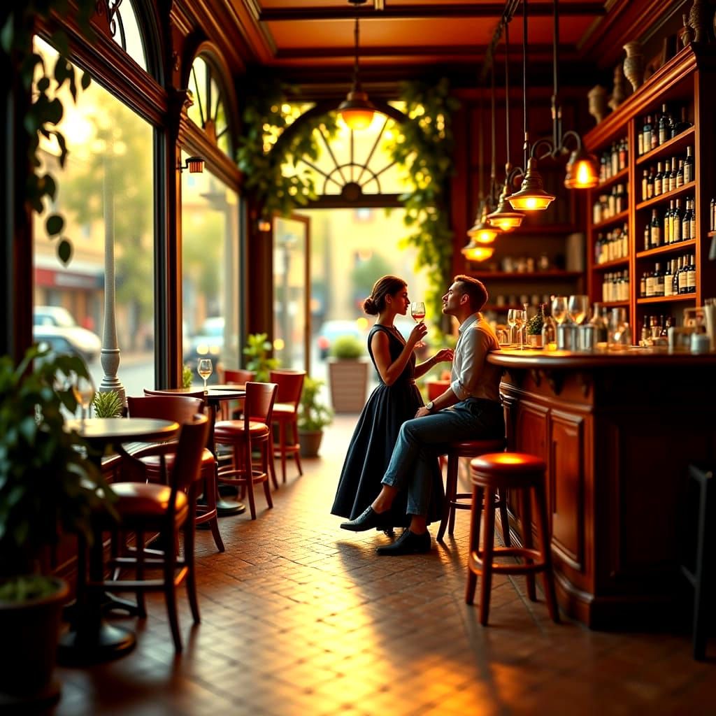 <lora:Diorama Trauma:1.0> The inside of a French cafe has a few tables and chairs. A long bar with stools is on the right side. Two people s...