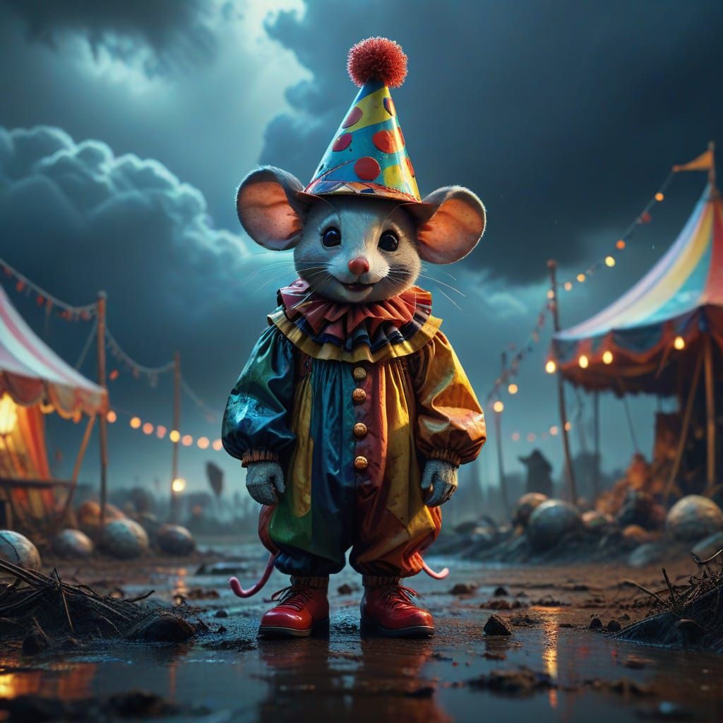 Surreal Mouse Clown With Masked Eyes in Dystopian Circus