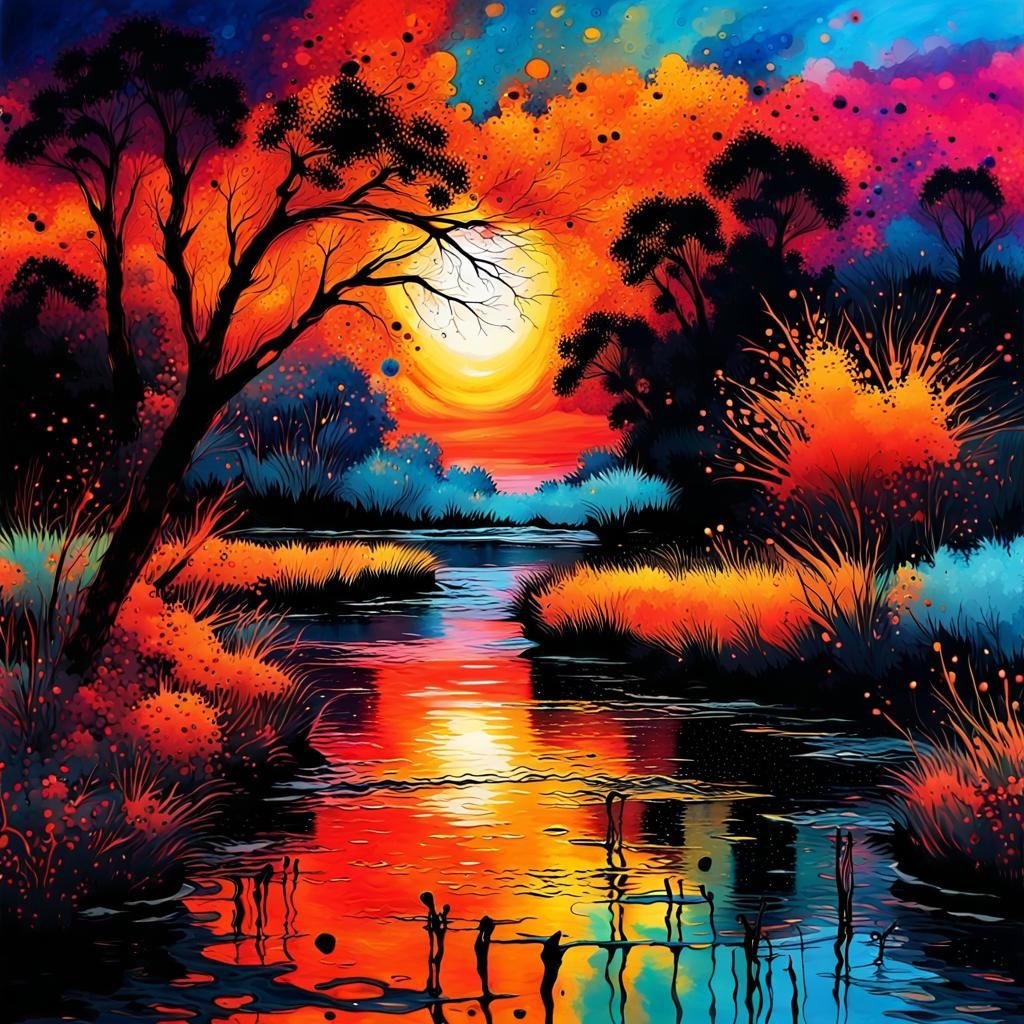 "The Golden Hour Moment in Ink Splatter Art"