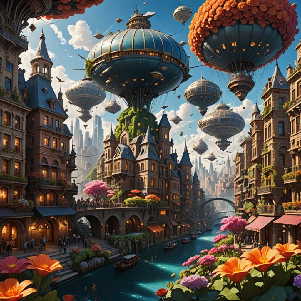 Highly creative. Photograph.wide shot.. A colossal, multi-tiered city built within the cascading cinematic petals of an impossibly large, vi...