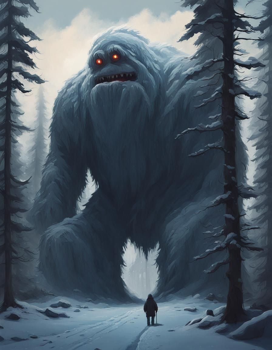 Giant Snow Monster in Forest: Matte Painting Style