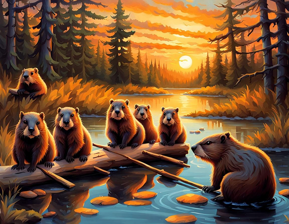 As the sun sets over the beaver village a group of young beavers ...