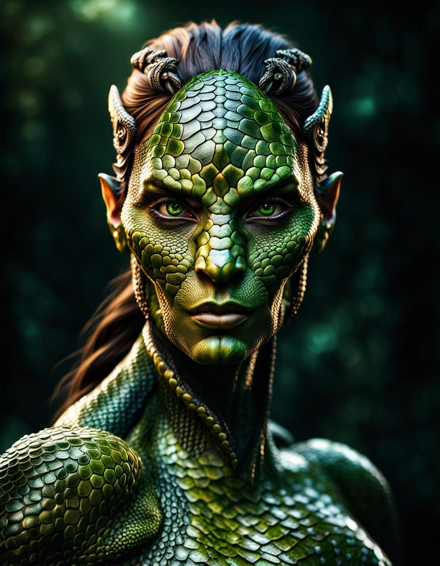 Reptile woman, beautiful face and eyes , reptile skin,8k resolution